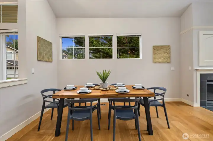 The space easily seats six with plenty of room to expand into the living room for larger gatherings.