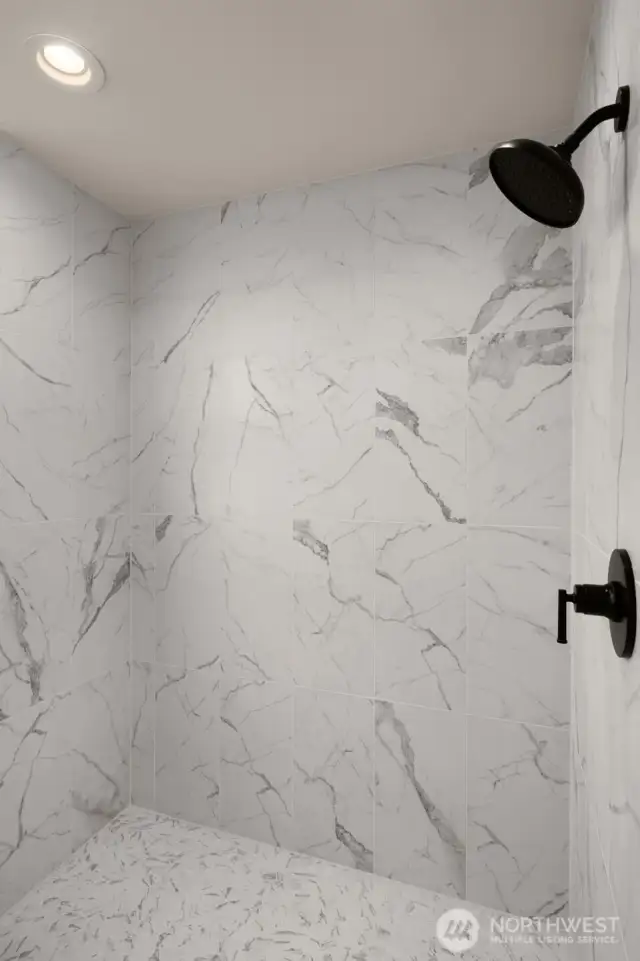 Ceramic walk-in shower.