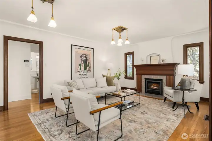 Gas fireplace anchors the living room