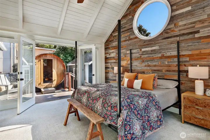 French doors lead to the  4 person sauna - perfect for those fall and winter days.