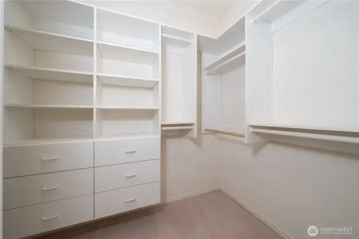 The suite also includes a generously sized walk-in closet with built-in organizers.