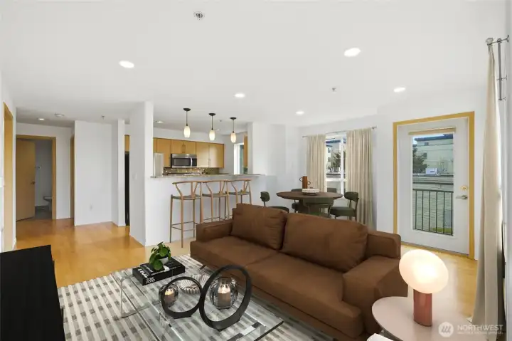 On clear days, enjoy the rare bonus of catching a glimpse of Mount Rainier right from your own living room.