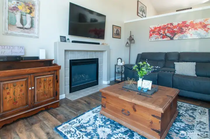 Gas fireplace provides gentle warmth so welcome in chillier months. Gas fireplace provides gentle warmth so welcome in chillier months.