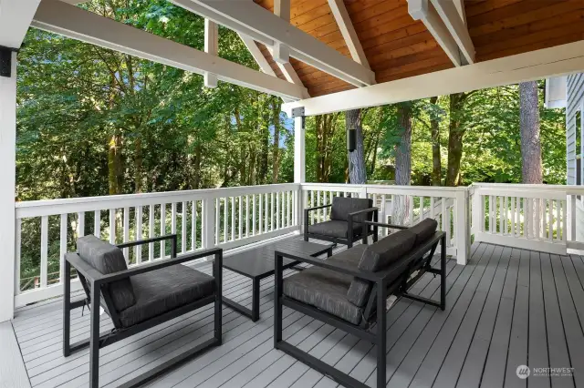 A great place to relax and overlook the lawn in to the wooded backyard.
