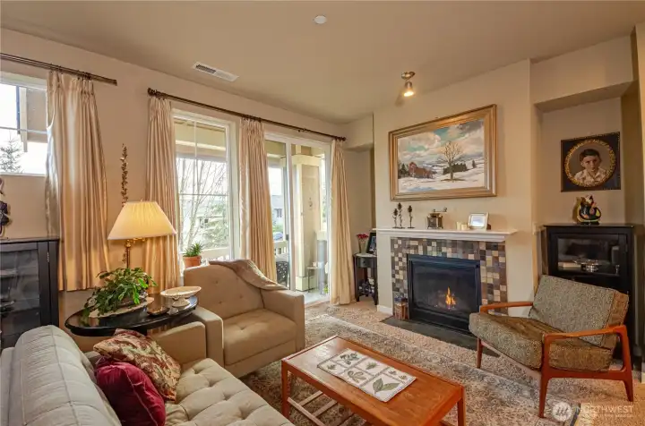 A gas fireplace features a mantel, perfect for seasonal decorating...and is surrounded by nooks on either side that can hold cabinets or shelving. You can mount a TV above the fireplace, wiring is there, or opt to use the rec room/tv located towards the back.