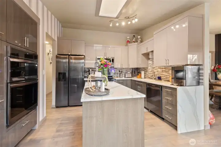 Kitchen with waterfall countertops
