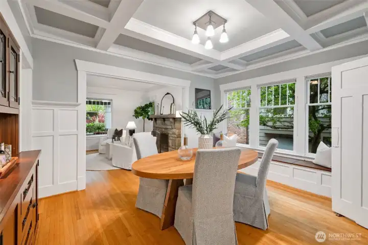 Box beam ceilings in the dining room.