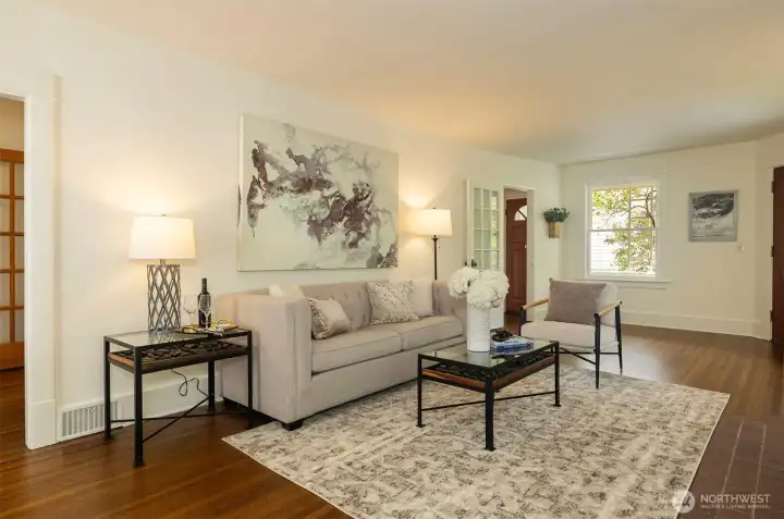 Two entrances to the living room provide circular movement while entertaining