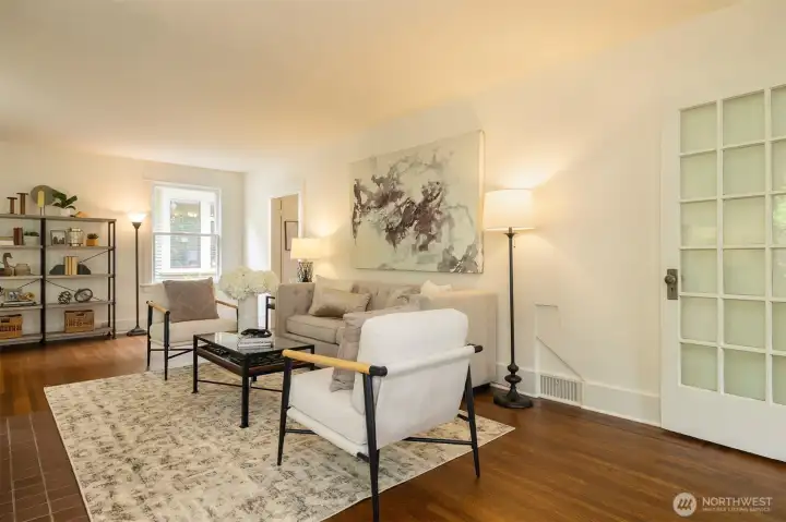 Freshly refinished hardwood, mahogany inlaid floors