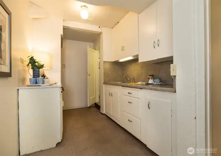 Lower level kitchenette will fit your mid-size fridge and stove