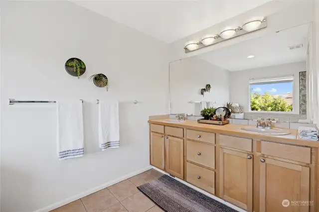 Primary bathroom with large double sink vanity