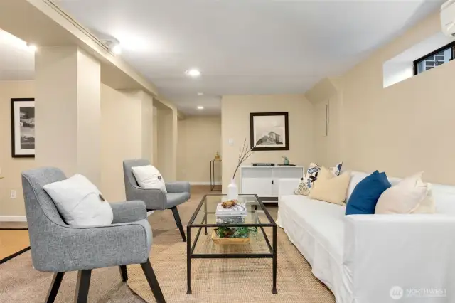 Roomy living room in lower level