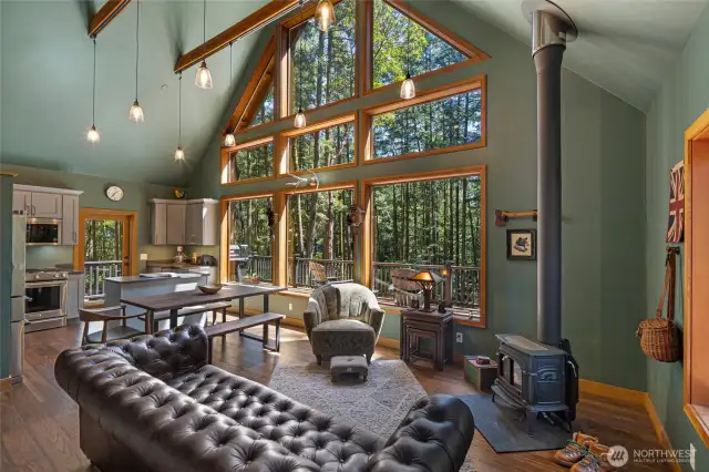 Living room with vaulted ceilings