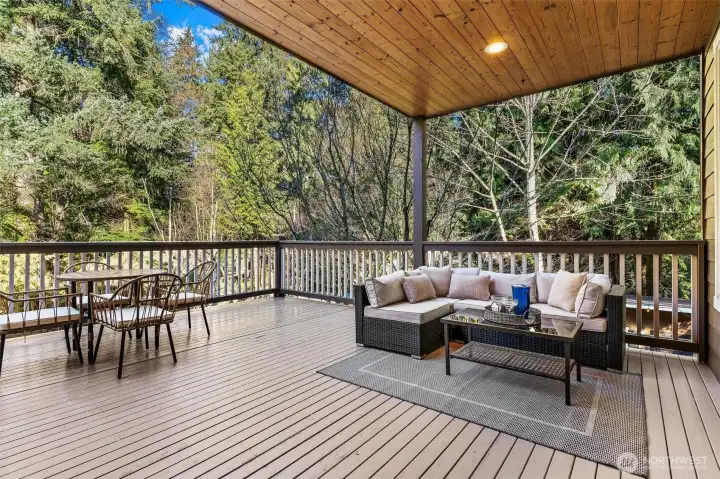 Newly updated deck with outdoor lounge seating and dining area, overlooking the woods.