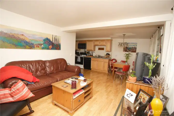 Looking toward the open dining area and kitchen.