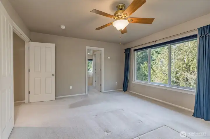 Spacious primary suite with wide view of the back yard and greenspace behind the property