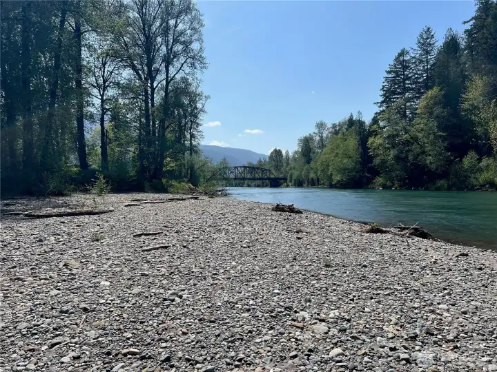 River beach and the Cora Bridge over the Cowlitz River