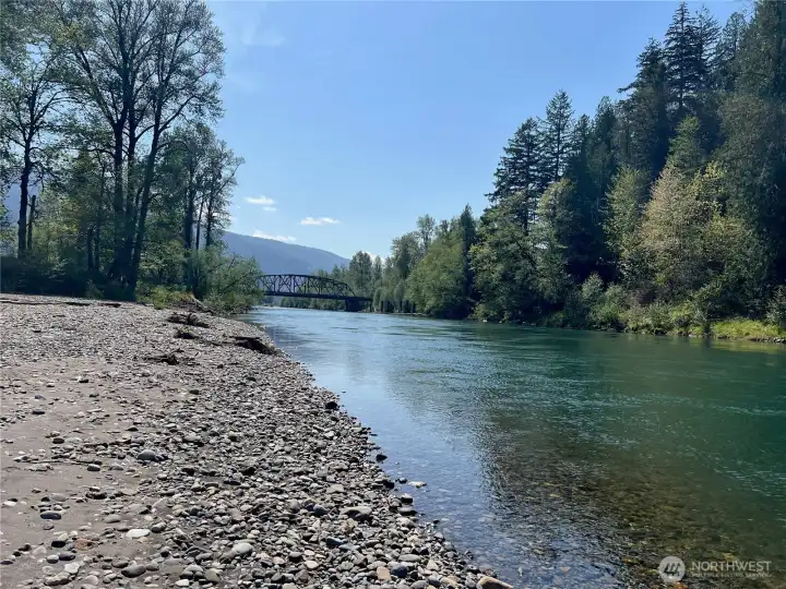 River beach and the Cora Bridge over the Cowlitz River