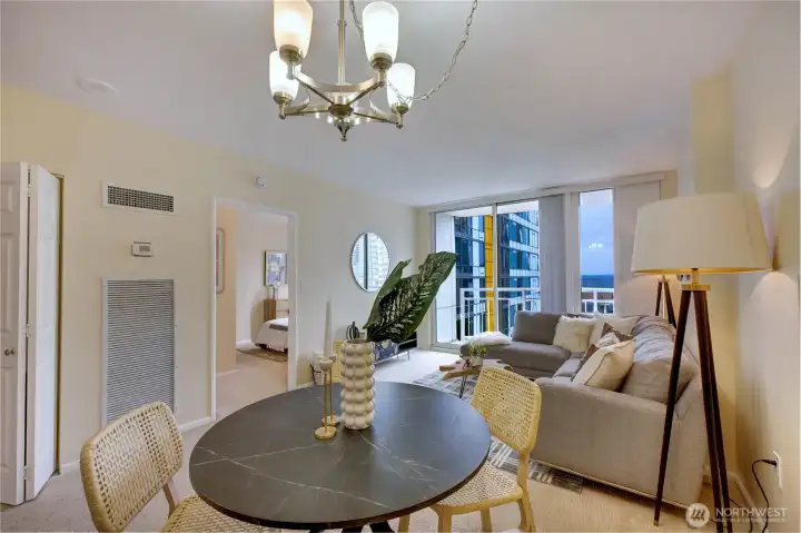 Open layout easily accommodates a dining table.