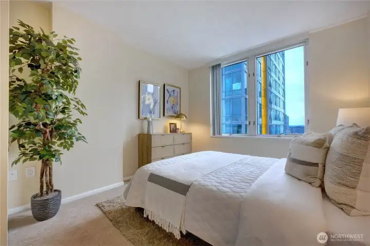 City views from spacious bedroom.