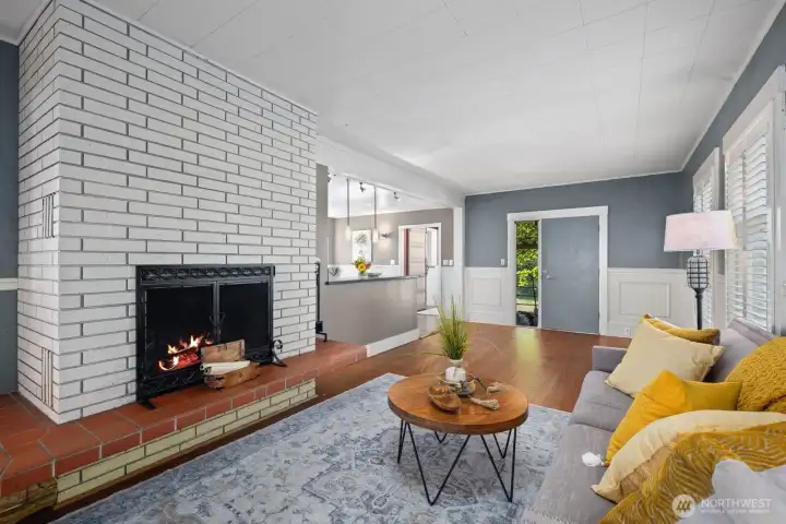 Wood fireplace and cozy family room