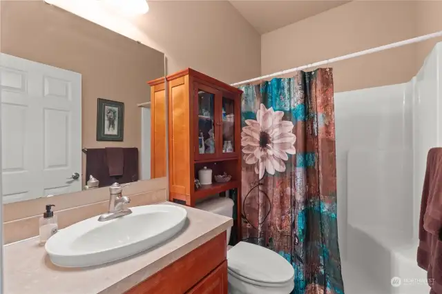 Guest bathroom with large shower.