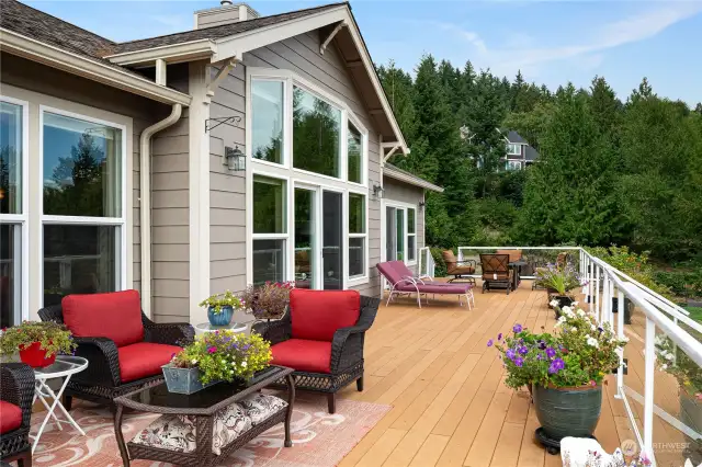 The deck is large enough for multiple entertaining areas.