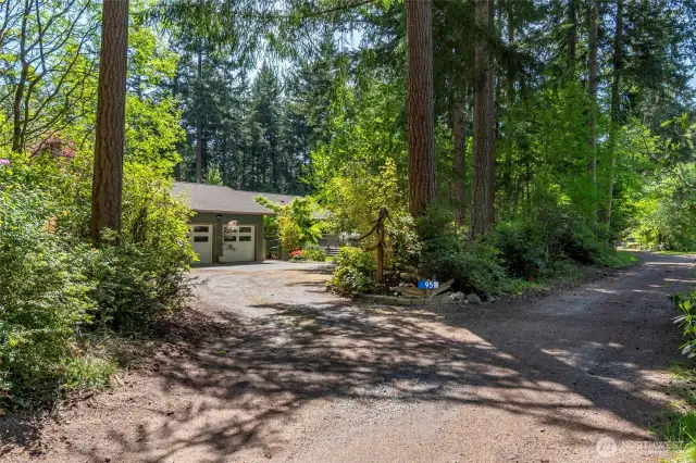 The sweeping private entrance, surrounded by mature trees and natural beauty.