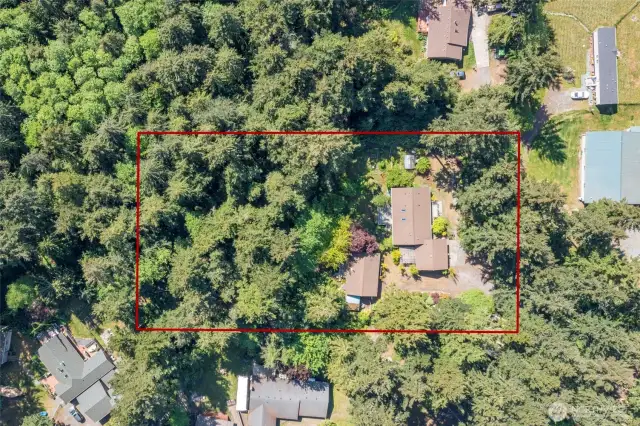 A birds eye view of the property and buildings.