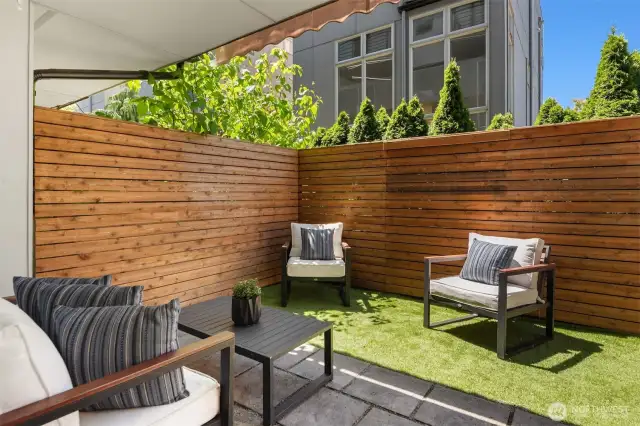 Yard and patio off the lower level.