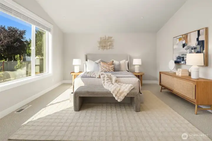 Fits an extra King sized bed with plenty of room for large night stands.