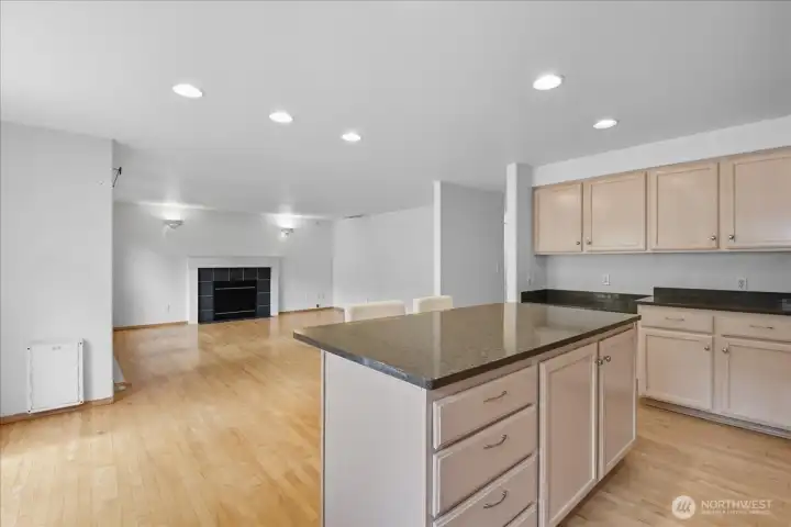 The kitchen opens up to a large family room.