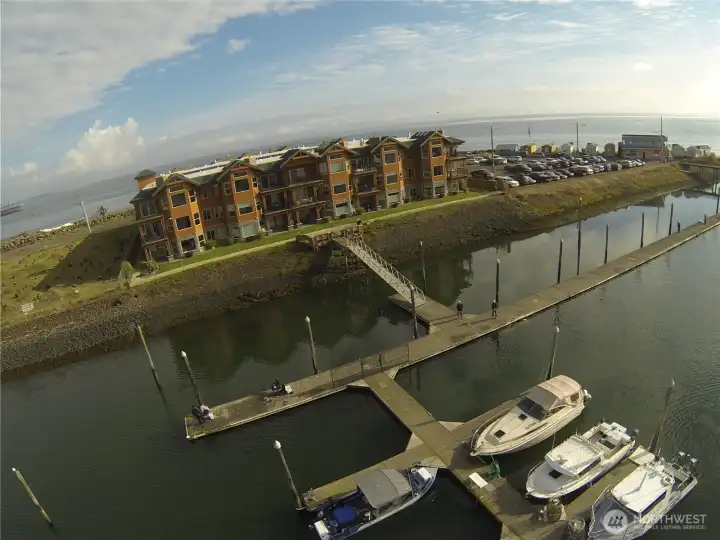 View of boat slips and south side of the building