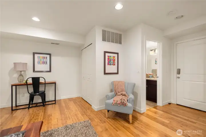 Lower level has a full bathroom and access to the two car garage.