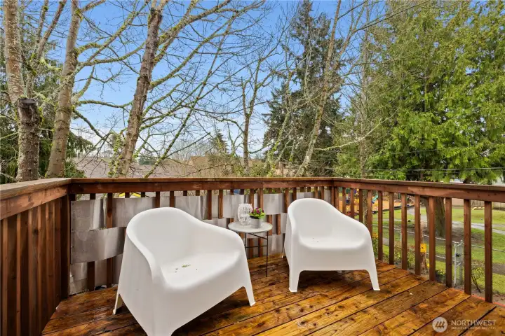 Back deck off the kitchen. Is hard plumbed for a gas grill.