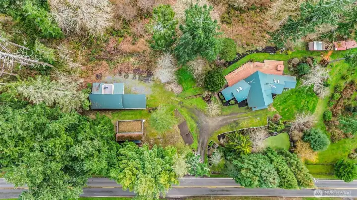 An overhead view of the 5+ acres waterfront property.