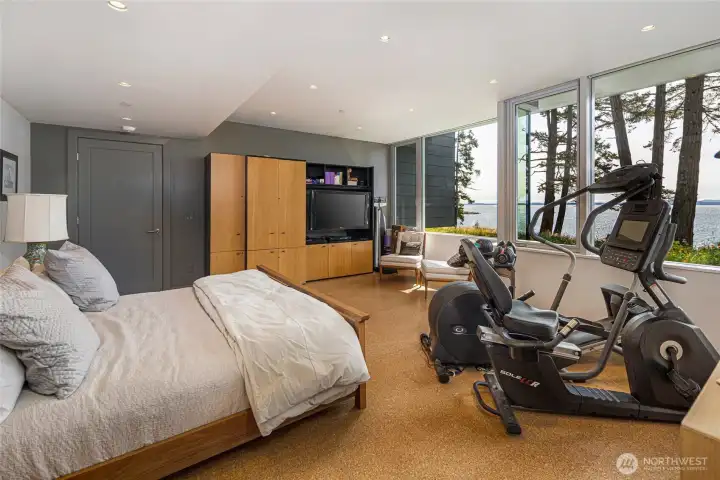 Spacious lower-level guest suite or flex room offers versatility for guests, recreation, or fitness while maintaining stunning water views through expansive windows.