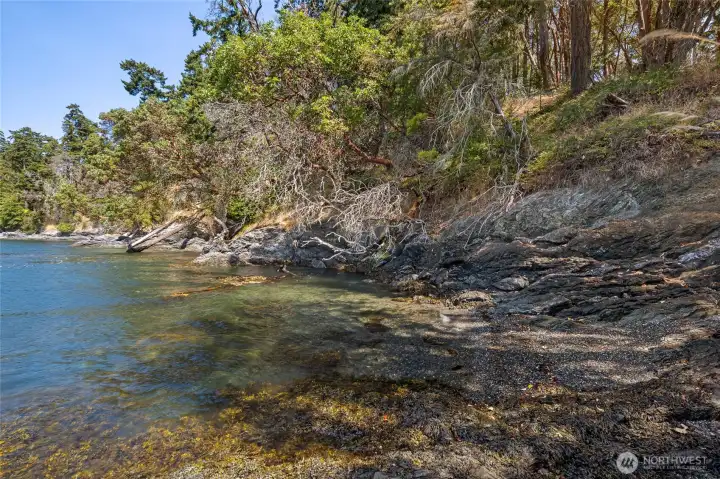 Explore the estate’s natural shoreline and pocket beach, where rocky outcrops, clear water, and native vegetation create a secluded connection to the pristine San Juan Island waterfront.