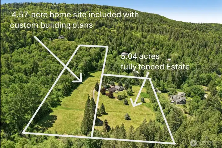 Two parcels, nearly 10 acres total. The highlighted boundaries showcase the estate grounds and additional 4.57-acre parcel included with the property.