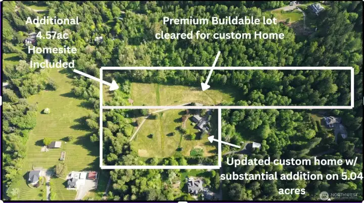 Outlined parcel boundaries illustrate the exceptional value of this offering: a beautifully updated home on 5.04 acres plus a separate 4.57-acre parcel with future homesite potential.