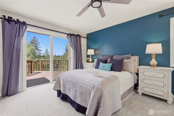 Slider to the private deck is one of the highlights of this primary suite; ceiling fan and 2 closets make the list as well!