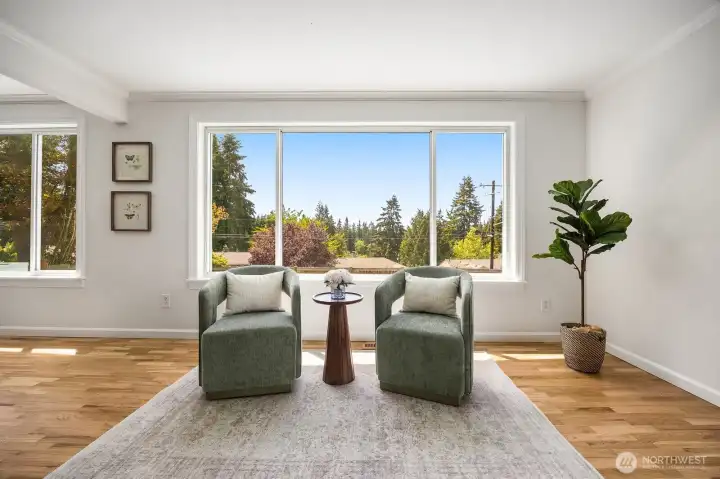 West facing view from the living room. You can see the tips of the Olympic mountains through the trees on a nice day. West facing view from the living room. You can see the tips of the Olympic mountains through the trees on a nice day.