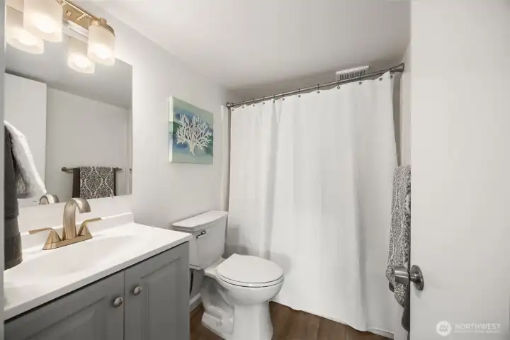 Remodeled lower level full bath off the entertainment room. Remodeled lower level full bath off the entertainment room.