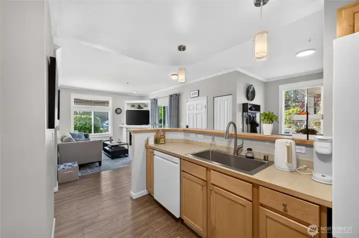 View from Kitchen of living room and dining room