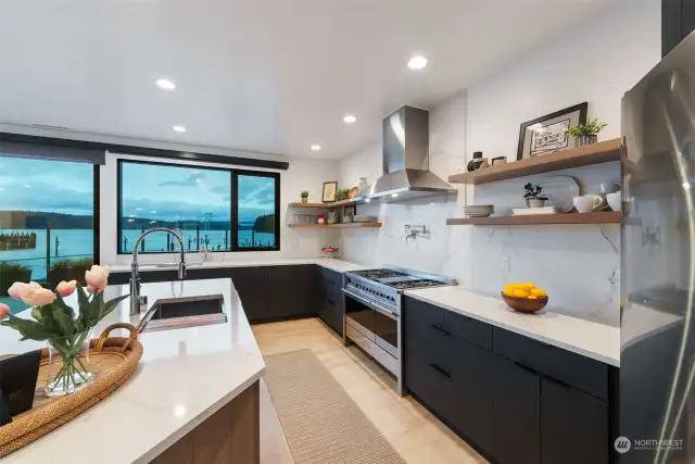 Kitchen. Quartz counter tops and glorious views of the bridge and mountains