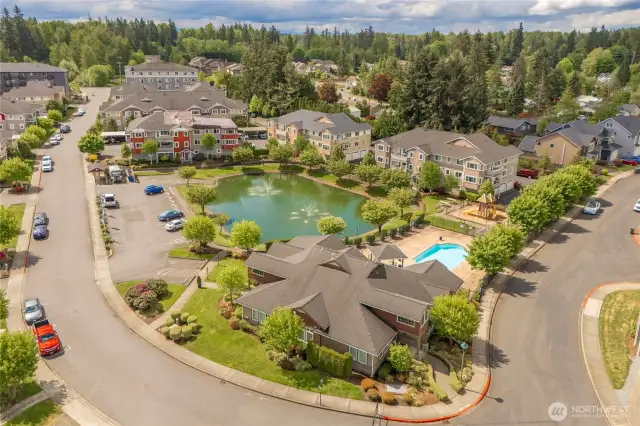Overview of this quiet neighborhood with its serene pond, clubhouse and swimming pool.