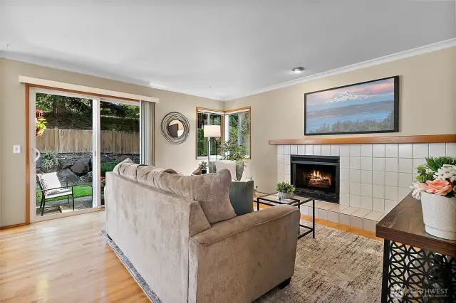 The kitchen opens to the cozy family room