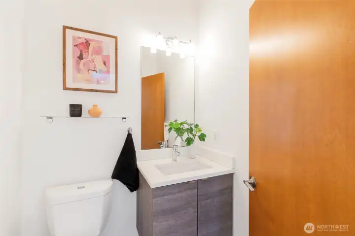This powder room has everything you need for the main living level.
