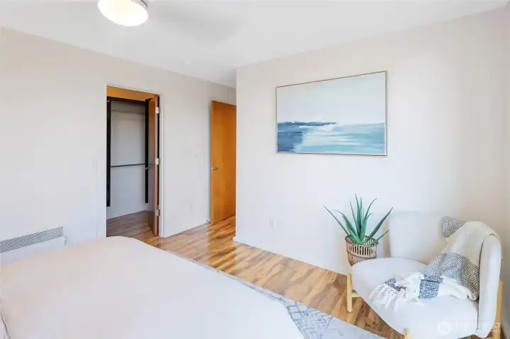 Another angle of the primary suite—walk-in closet on the left, and just around the corner on the right is the ¾ bath.