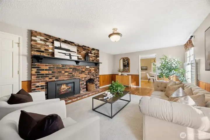Cozy family room off oversized kitchen
